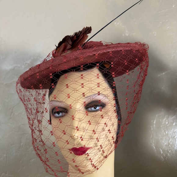 ENCHANTING 1940s\' SALMON COLOR STRAW WIDE BRIM FEDORA WITH MATCHING FULL VEIL main image 8